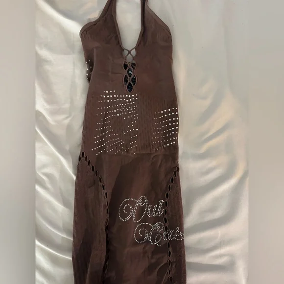 Brown Rhinestone Nylon Mini Dress 💎 - Picture 2 of 4